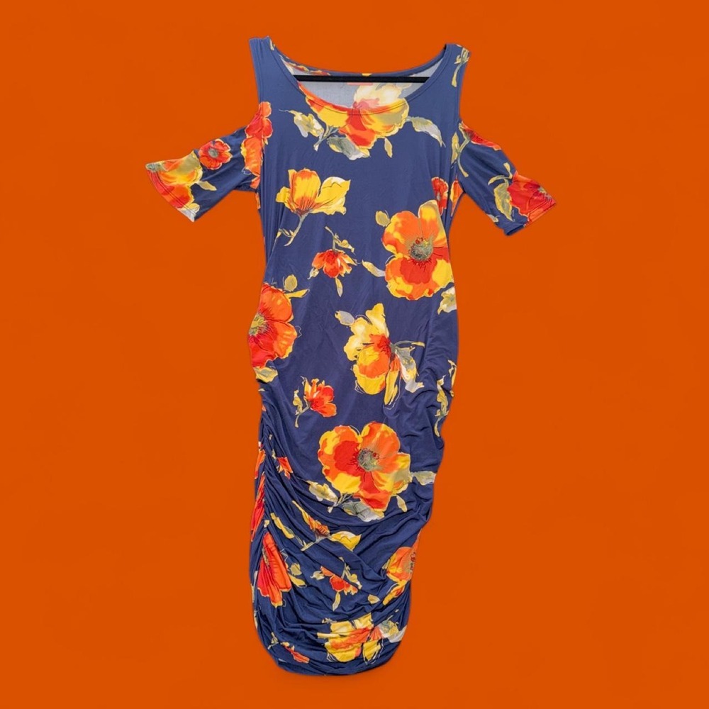 Hello Miz Navy Blue Floral Ruched Cold Shoulder Midi Dress Women's Large